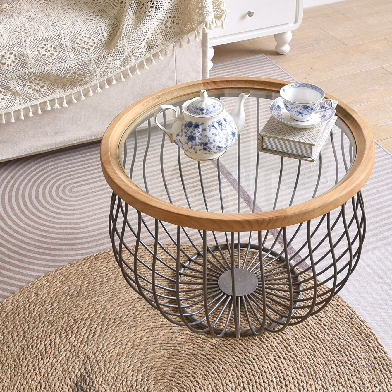 SET MESAS METAL MADERA VIDRIO