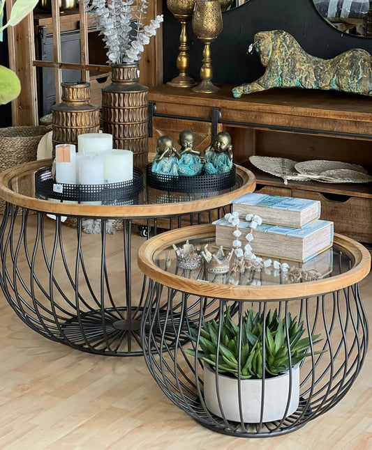 SET MESAS METAL MADERA VIDRIO