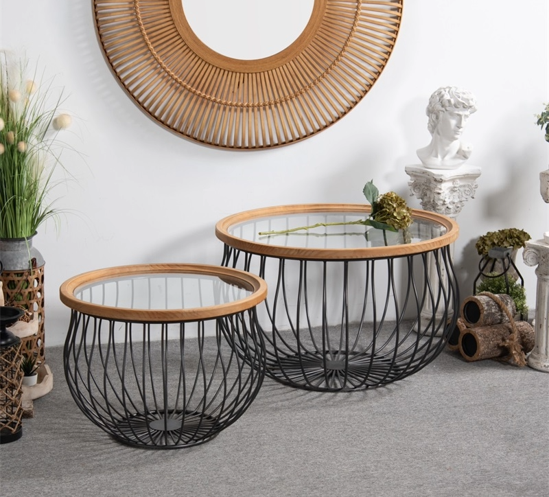 SET MESAS METAL MADERA VIDRIO