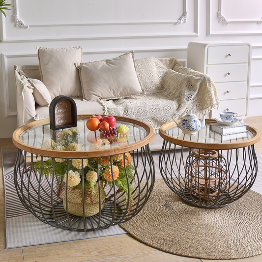 SET MESAS METAL MADERA VIDRIO
